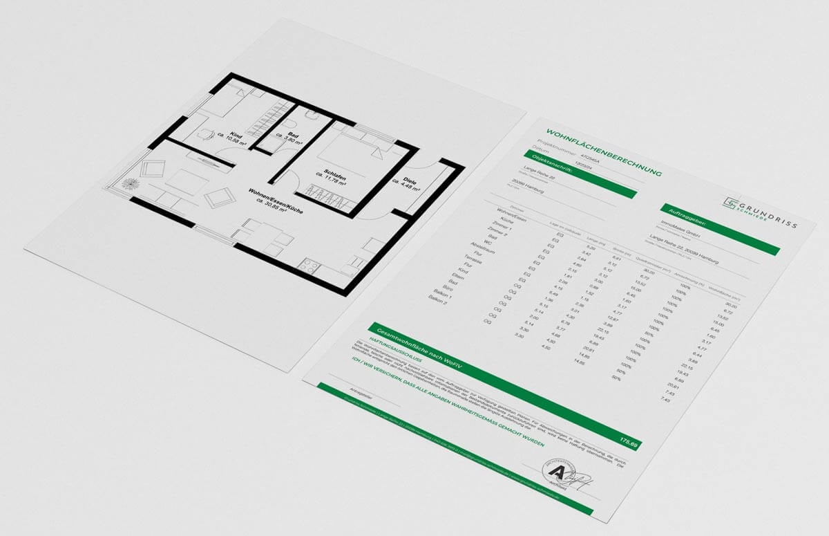 Ausgedruckter Grundriss und Wohnflächenberechnung mit Grundriss-Schmiede-Branding